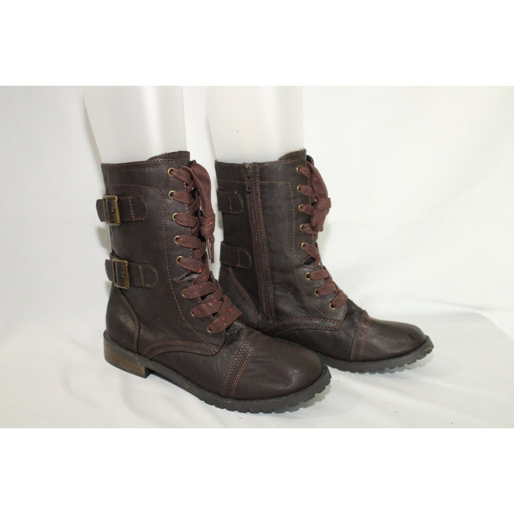 women's Self Esteem Combat Moto Boots Full Zip Lace Up Brown 8.5